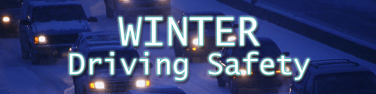 Winter Driving Safety Banner - vehicles on snowy highway with lights on